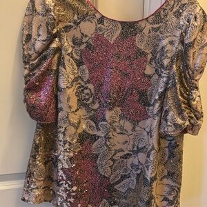 Anthropologie Pink and Gold Floral Blouse
